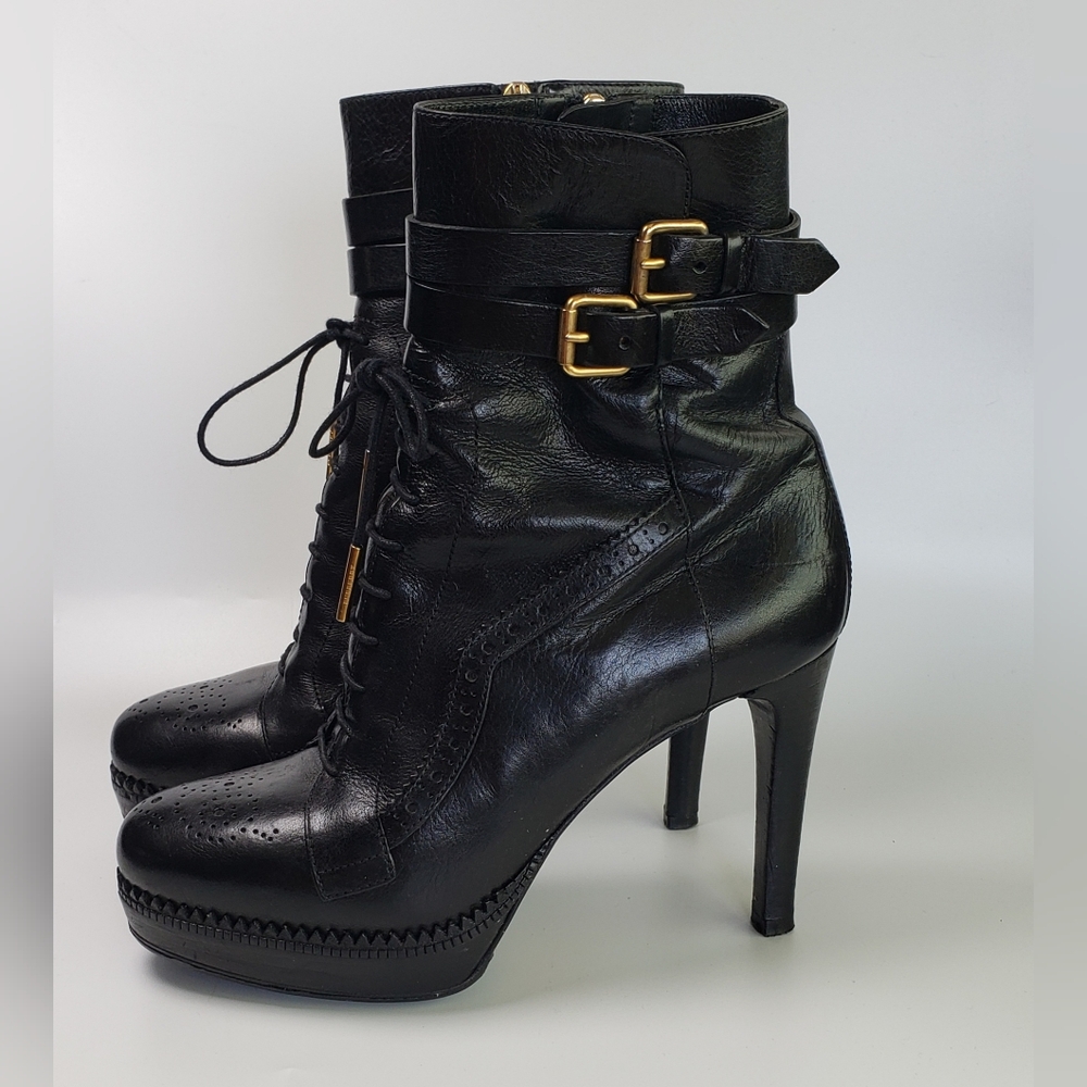 Burberry Black Heeled Boots with Gold Buckles